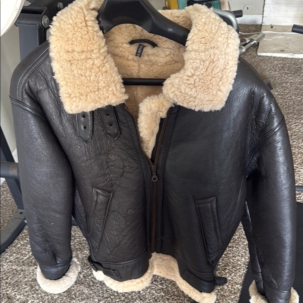 Wilsons Leather Cream Shearling Black Bomber Jacket